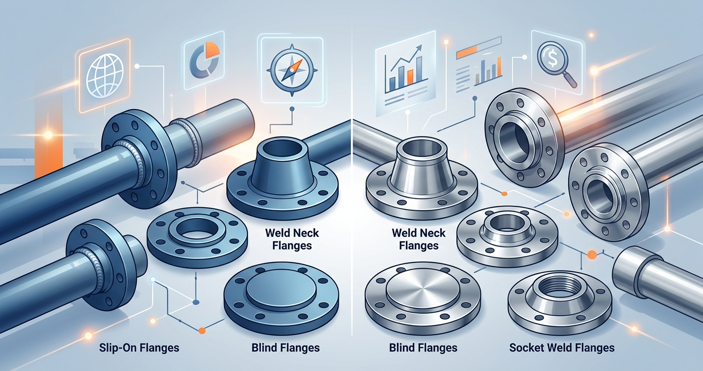 creat featuerd imag for blog post title with no extra text size will be 1200/628 Essential Guide to Flanges: MS vs SS Flange Types, Standards & Buying Guide (UAE)